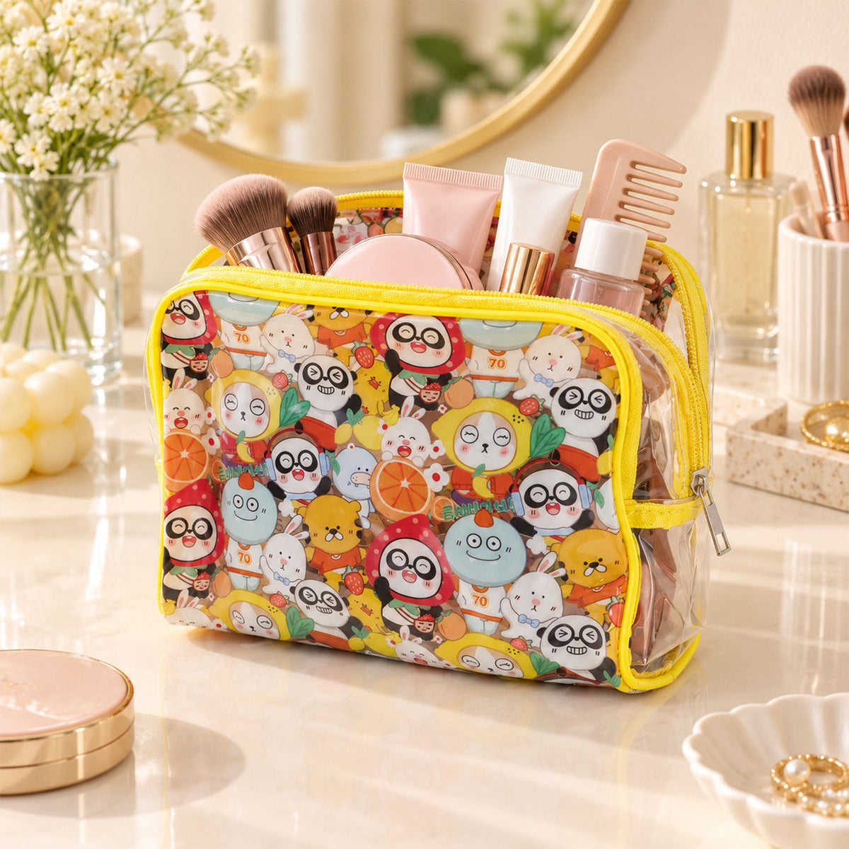 Multipurpose Pvc Cosmetic Pouch With Cartoon Print And Zip Sections For Travel