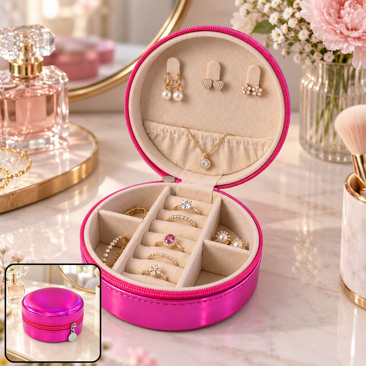 Round Jewellery Organizer Box With Ring Rolls And Zip Closure For Travel (1 Pc)
