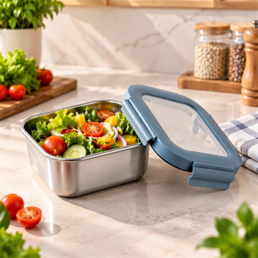 Apex Square Steel Food Container 300 Ml With Clip Lock Lid Lunch Box (1 Pc)