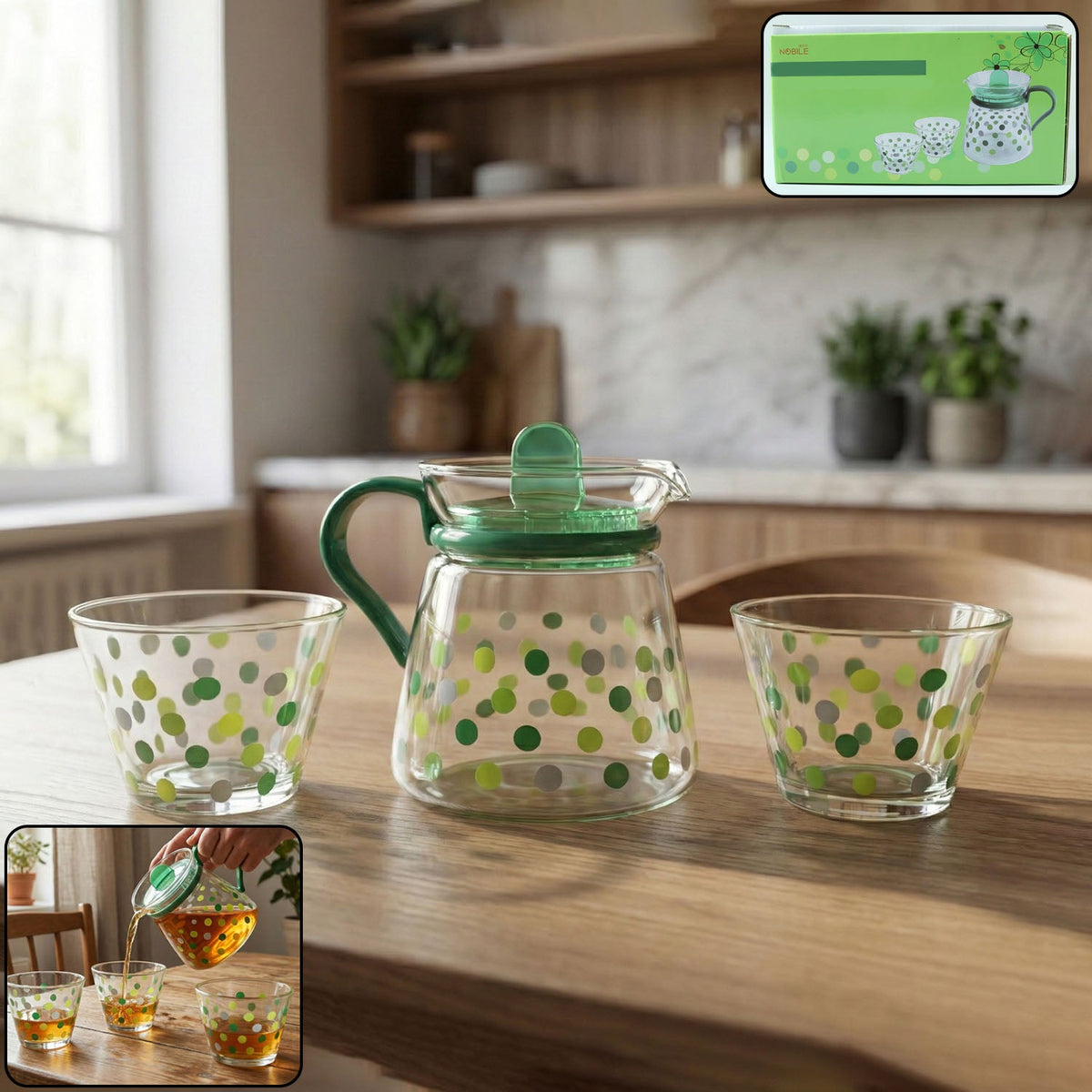 Elegant Glass Tea Pot With Matching Cups Set