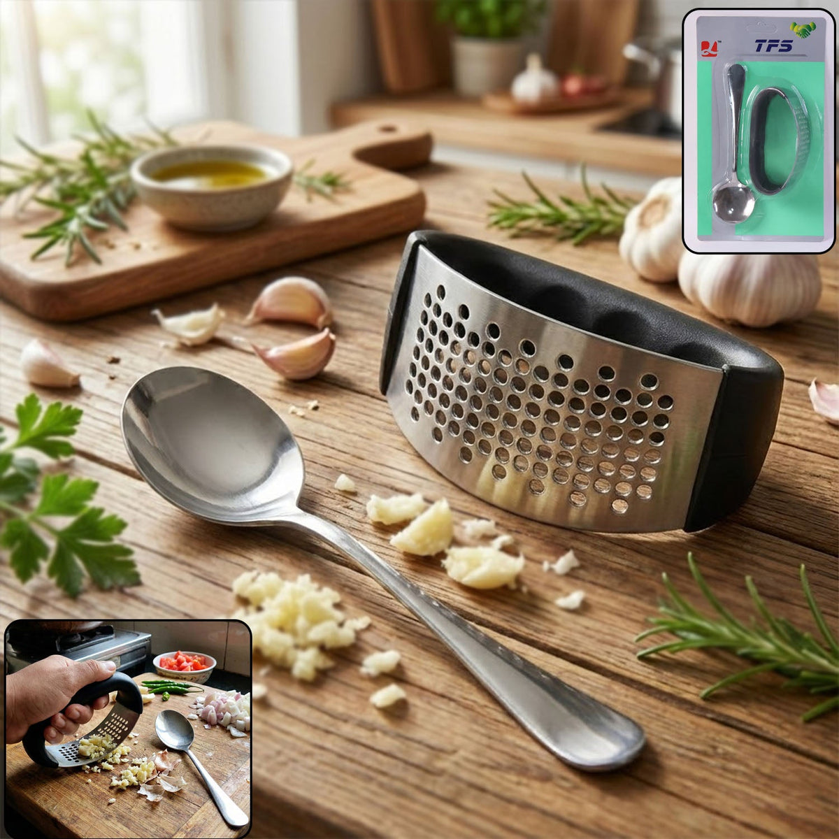 Heavy-duty Garlic Press Tool With Spoon Set 2 Pc