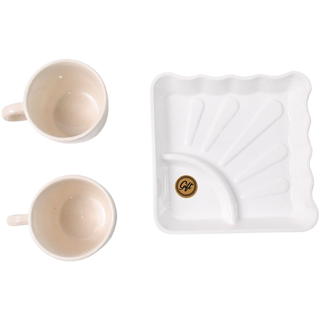 Cerntric Ceramic Tea Cup With Plastic Square Shape Serving Platter Milk Cup 3pc Set
