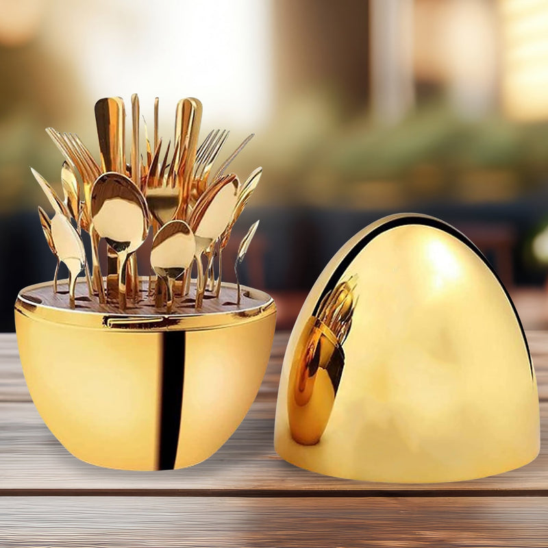10010 Premium Cutlery Set 24 Pcs With Oval Stand Golden