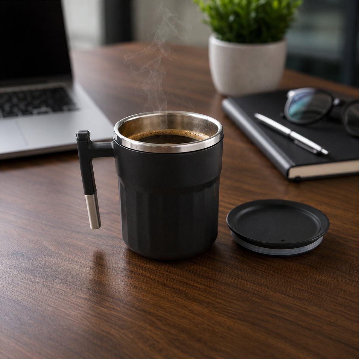 Apex Compact Coffee Mug 300 Ml With Handle And Lid Matte Black (1 Pc)