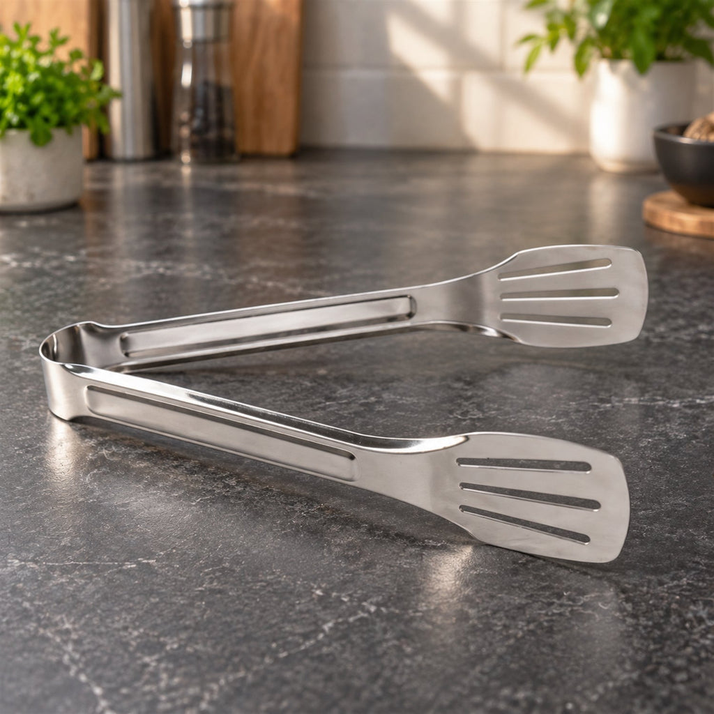 Stainless Steel Kitchen Tongs With Slotted Heads For Cooking And Serving (1 Pc)