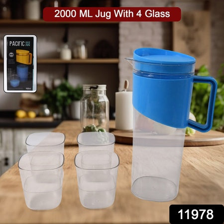 Transparent Stylish Premium Jug With Elegant Handle (2000 Ml Jug Approx  4 Pcs Plastic Glass)
