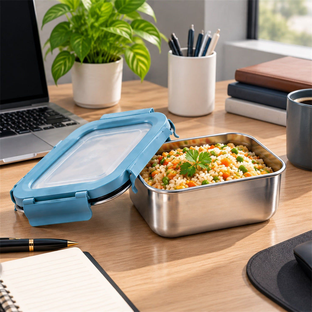 Apex Square Steel Food Container 300 Ml With Clip Lock Lid Lunch Box (1 Pc)