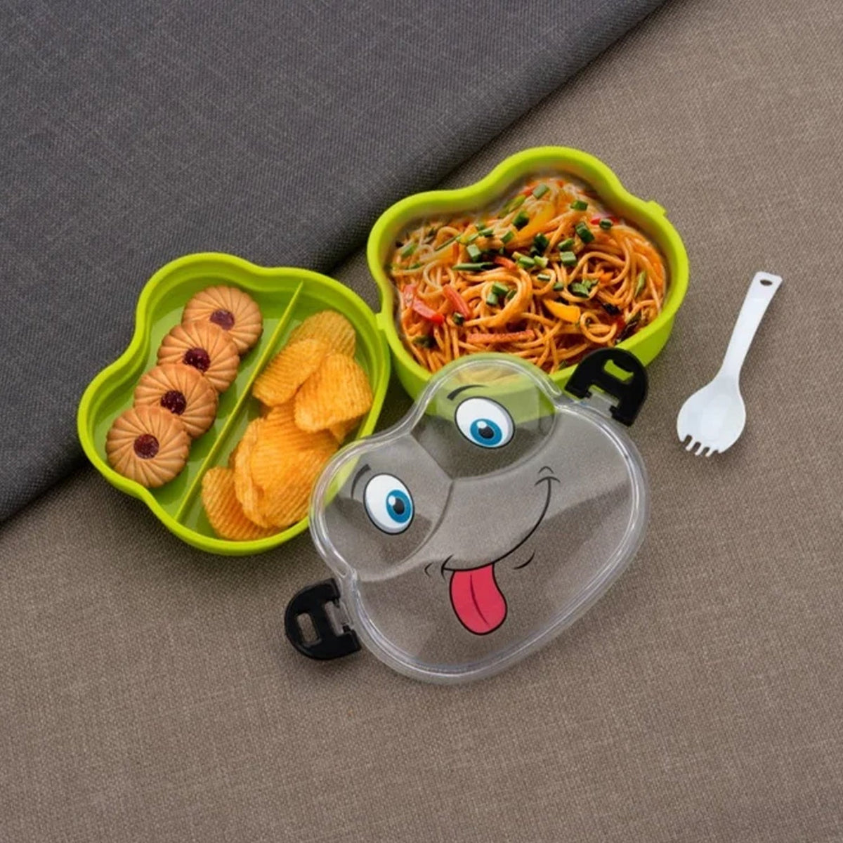 Double Layer Froggy Shape Lunch Box With Spoon (1 Pc Mix Color)