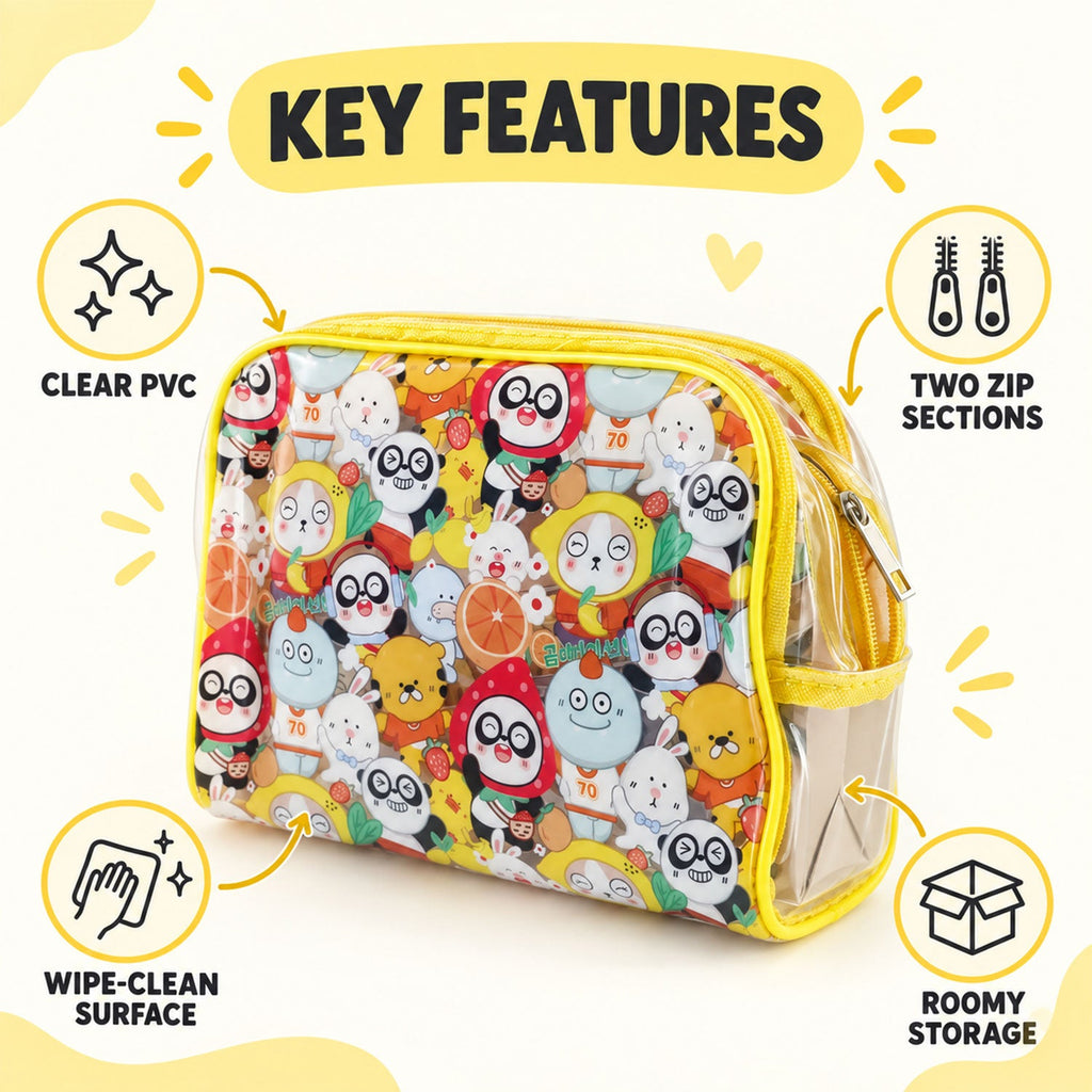 Multipurpose Pvc Cosmetic Pouch With Cartoon Print And Zip Sections For Travel