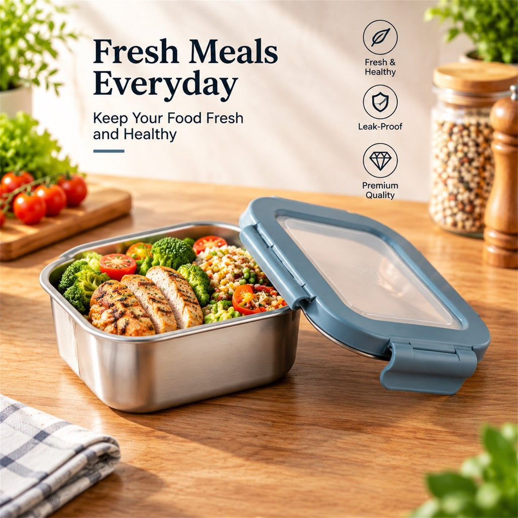 Apex Square Steel Food Container 300 Ml With Clip Lock Lid Lunch Box (1 Pc)