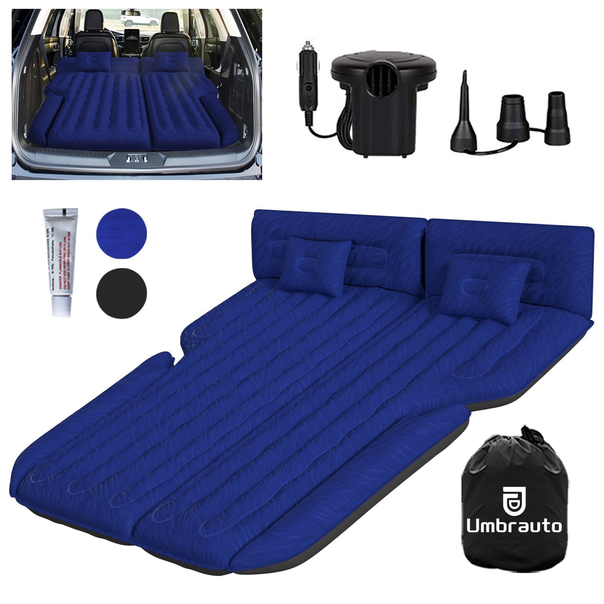 Portable Car Air Mattress Bed Set With Pump  Pillows Inflatable (Dark Blue)