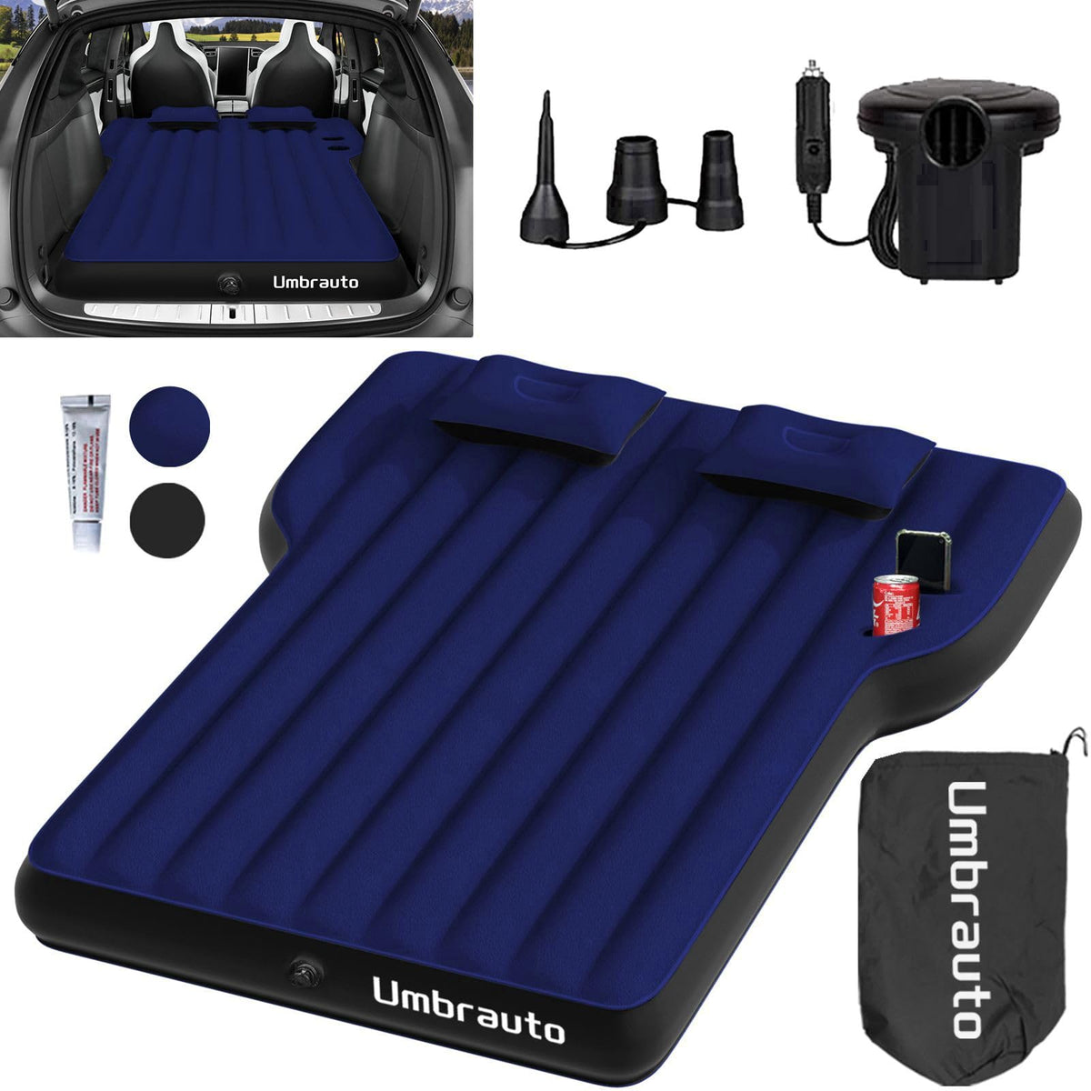 Portable Car Air Mattress Bed Set With Pump  Pillows Inflatable (Blue)