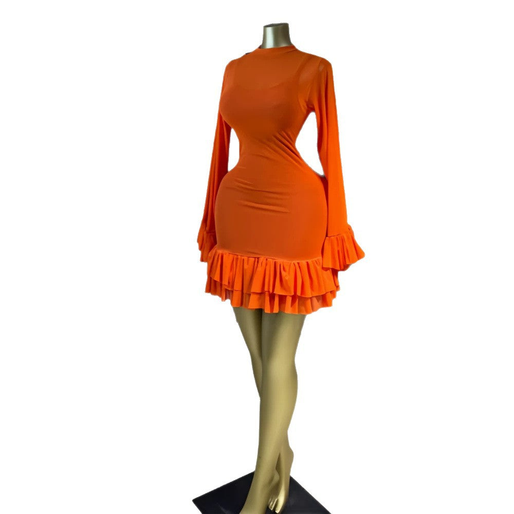 Resort Tiered Long Sleeve High Waist Mesh Elegant Dress
