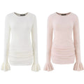 Round neck trumpet long sleeved short dress for women
