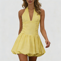 Women's Fashion Deep V Backless Halter Neck Tie Ribbon Bow Bubble Mini Dress