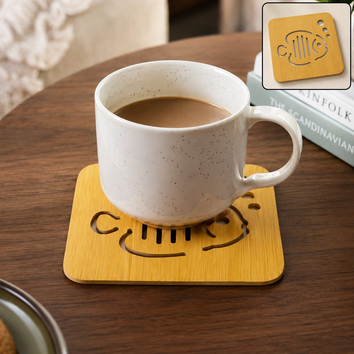 Square Wooden Coaster With Cut Out Design For Tea And Coffee (1 Pc)