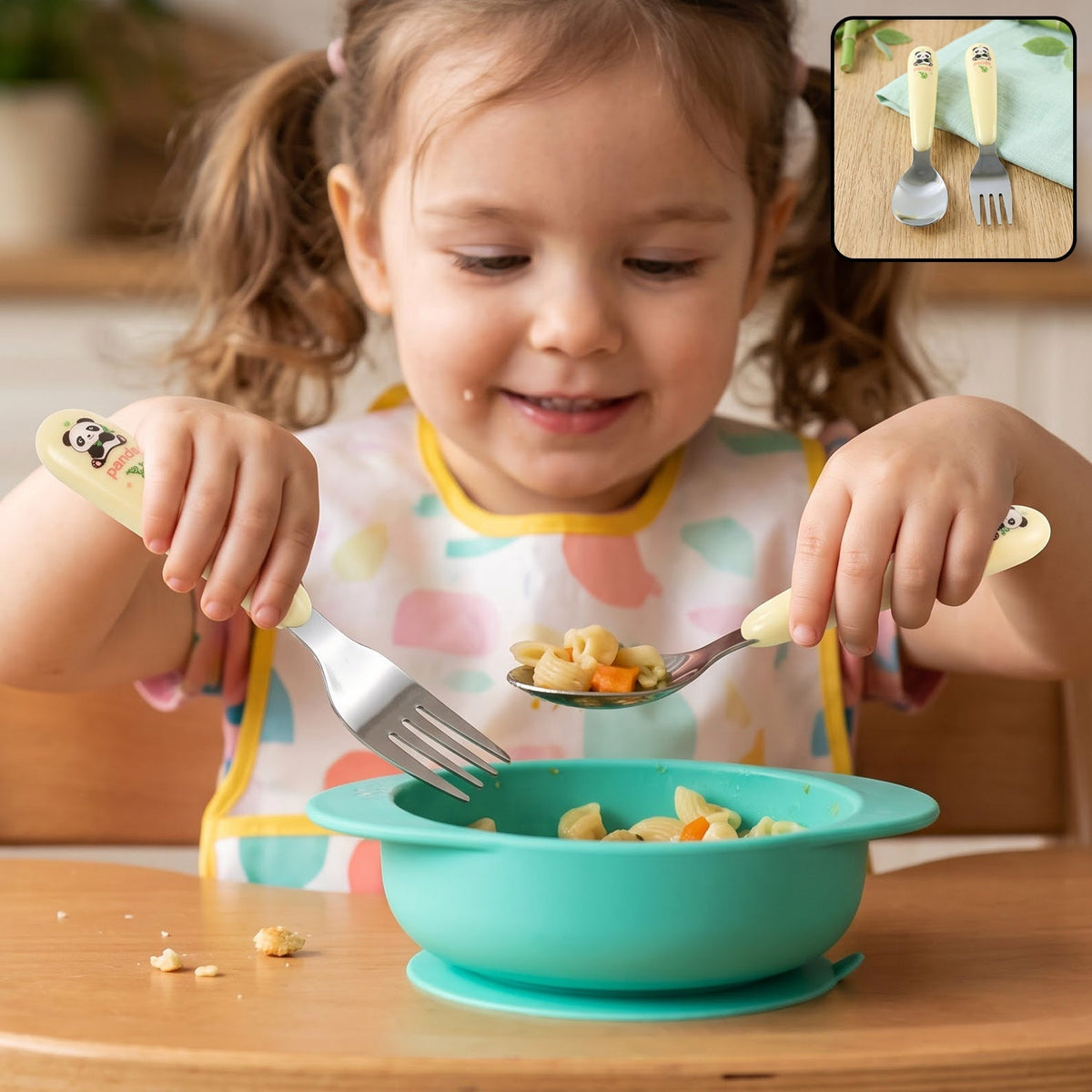 Kids Cartoon Spoon And Fork Set With Easy Grip Handles For Daily Feeding (2 Pc)