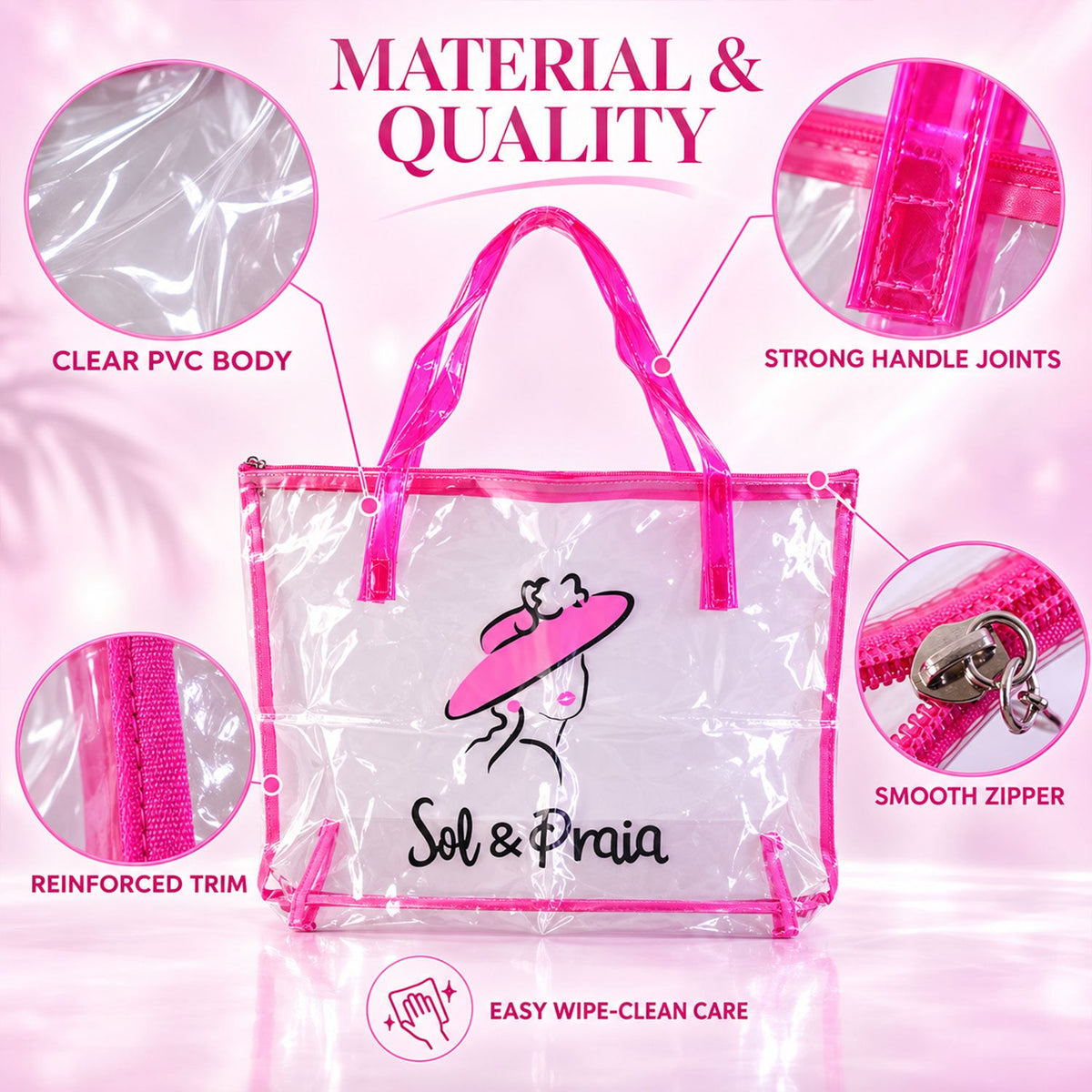 Transparent Pvc Tote Bag With Top Zipper And Handles For Travel (1 Pc 35x52 Cm)